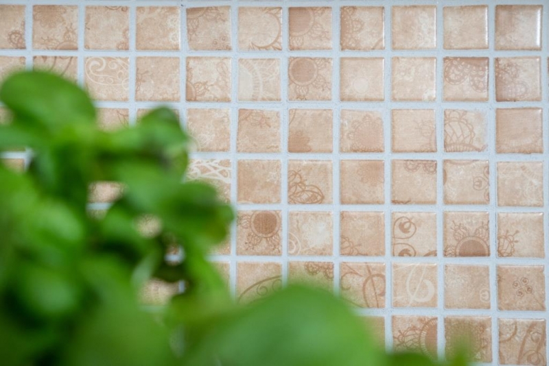 Motif main Carreau de mosaïque Rétro Vintage Mosaïque céramique beige marron Dos de cuisine MOS18D-1412_m