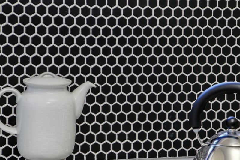 Motif main Mosaïque Céramique Hexagone noir mat Miroir de fond de douche MOS11A-0311_m