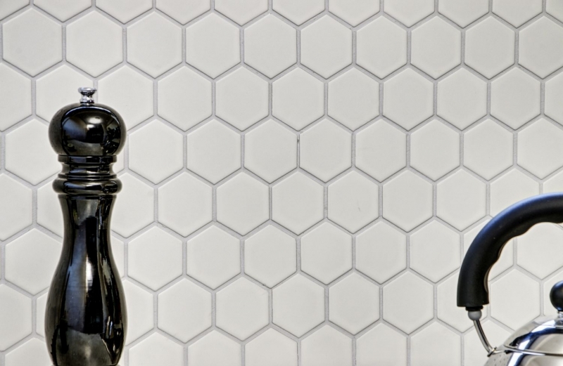 Motif main Mosaïque Carreau céramique Hexagone blanc brillant Dos de cuisine Protection anti-projections MOS11B-0102_m