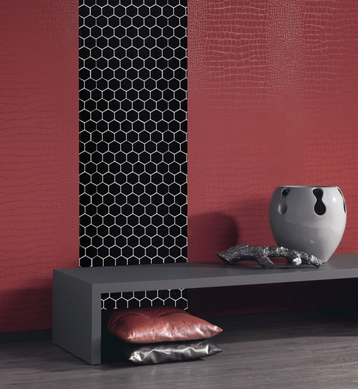 Motif manuel Carreau de mosaïque Céramique Hexagone noir brillant Dos de douche Miroir de carrelage MOS11B-0302_m