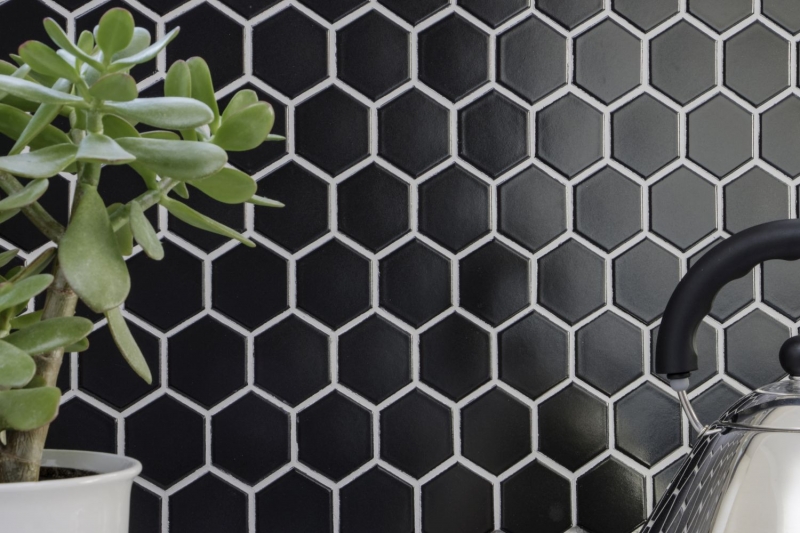 Motif main Mosaïque Céramique Hexagone noir mat Miroir de fond de douche MOS11B-0311_m