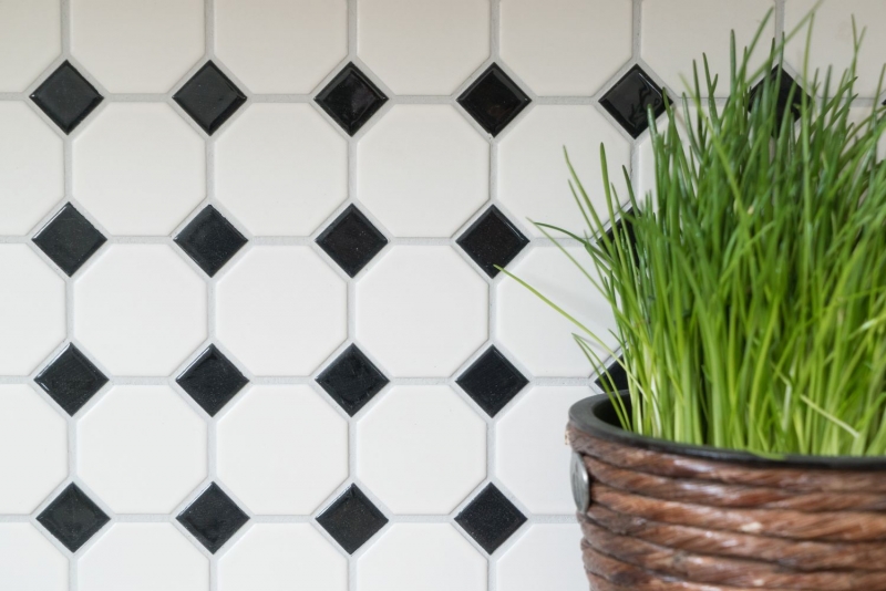 Motif main Mosaïque Céramique Octagon blanc mat noir brillant Carrelage mural Carrelage de salle de bain MOS13-OctaG468_m