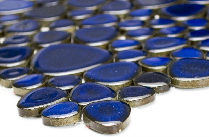 Motif main Mosaïque de galets Pebbles Céramique bleu brillant Receveur de douche Miroir de carrelage MOS12-0405_m