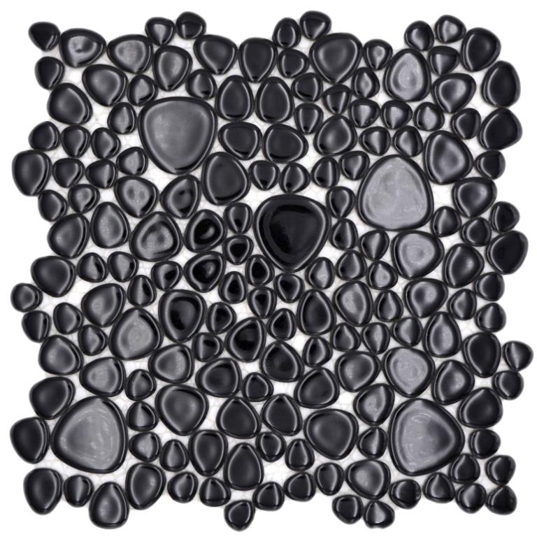 Motif main Mosaïque de galets Pebbles Céramique noire Spots Receveur de douche Miroir de carrelage MOS12-0302_m