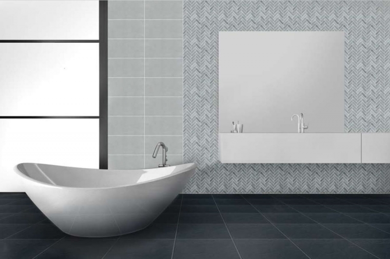 Motif à main Mosaïque Céramique à chevrons Aspect pierre gris Miroir de fond de douche MOS24-SO32_m