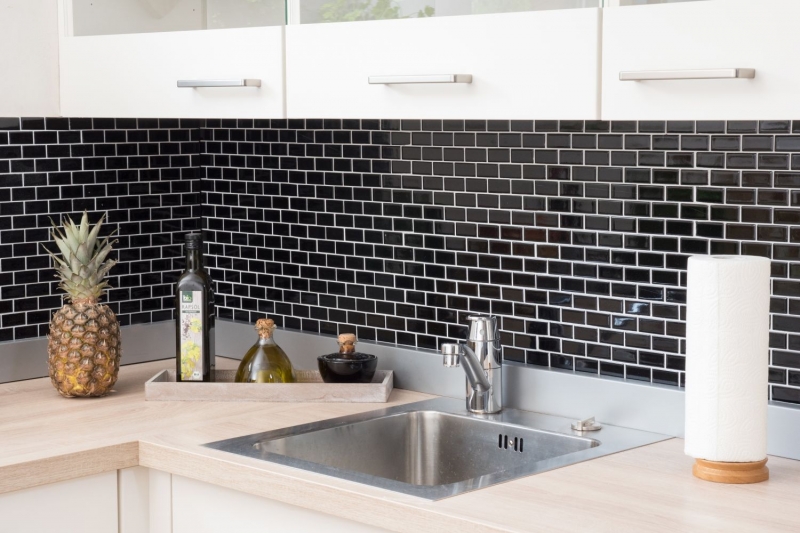 Motif main Mosaïque Carreau céramique Brick noir brillant Dos de cuisine Protection anti-projections MOS24-4BG_m