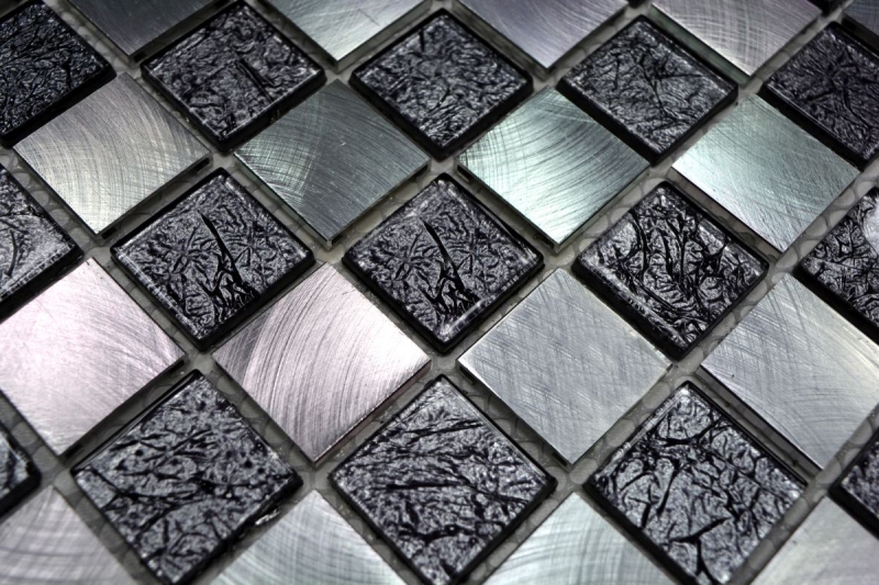 Motif à main Carreau de mosaïque Aluminium Translucide Mosaïque de verre Crystal Alu damier noir argenté MOS49-0302_m