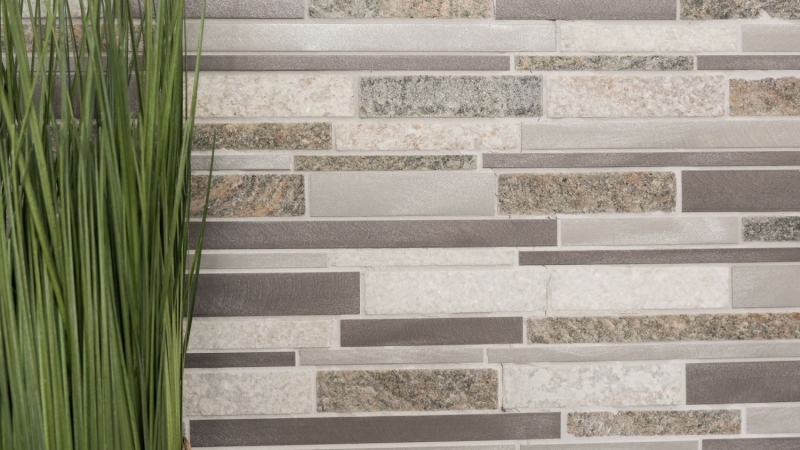 Motif main mosaïque carreau quartzite pierre naturelle aluminium argent gris beige clair composite MOS49-XSA535_m