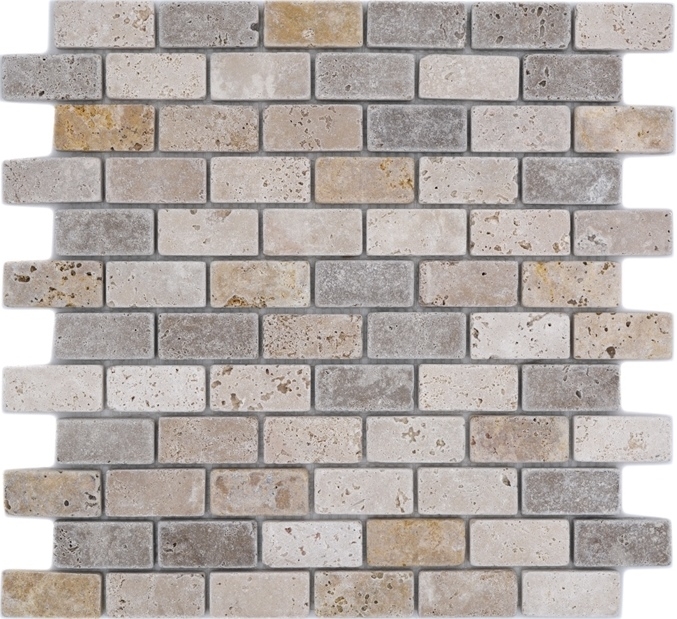 Échantillon manuel de mosaïque Carreau en travertin Pierre naturelle beige brun Brick Travertin tumbled MOS43-46474_m