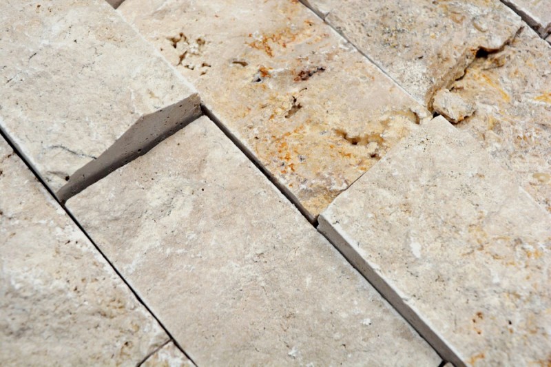 Échantillon manuel de mosaïque Carreau de travertin Pierre naturelle beige Brick Splitface Chiaro Travertin 3D MOS43-1206_m