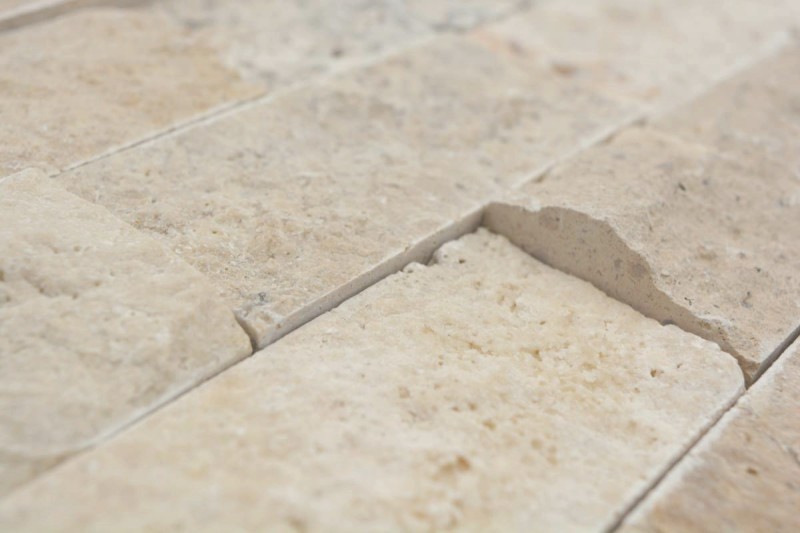 Échantillon manuel de mosaïque Carreau de travertin Pierre naturelle beige Brick Splitface Chiaro Travertin 3D MOS43-1206_m
