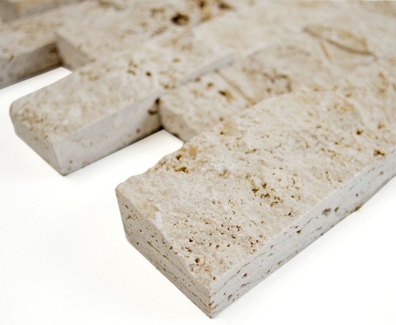 Échantillon manuel de mosaïque Carreau de travertin Pierre naturelle beige Brick Splitface Chiaro Travertin 3D MOS43-1206_m