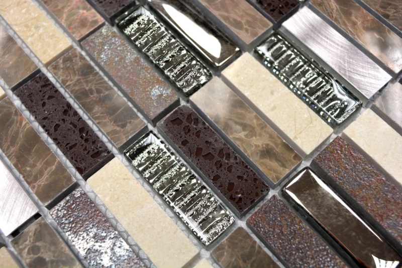 Échantillon manuel Carreau de mosaïque Translucide Composite Aluminium beige marron argent noir Rectangle Mosaïque de verre Crystal Artificial Stein Alu EP beige marron MOS87-SM48_m