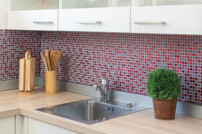 Échantillon manuel Carreau de mosaïque Translucide rouge rose blanc Mosaïque de verre Crystal Resin rouge rose blanc mat MOS92-0911_m