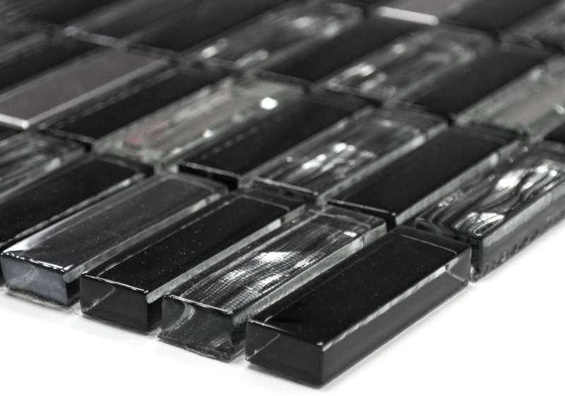 Échantillon manuel Carreau de mosaïque translucide acier inoxydable noir baguettes Mosaïque de verre Crystal acier noir verre MOS87-0301_m