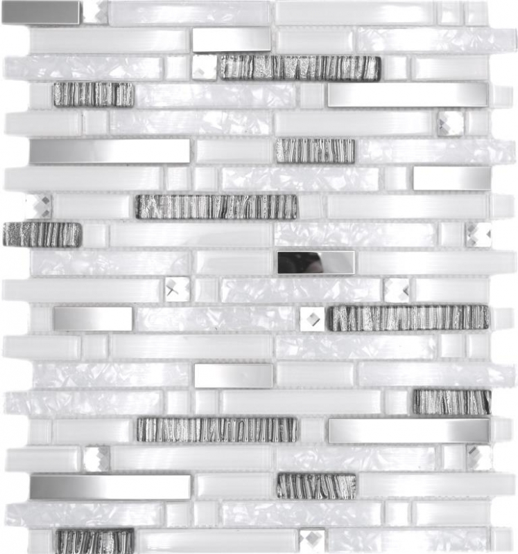 Échantillon manuel Carreau de mosaïque translucide acier inoxydable blanc composite Mosaïque de verre Crystal acier blanc verre MOS86-0104_m