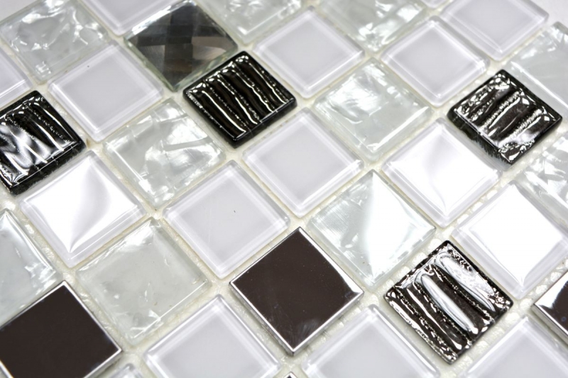 Échantillon manuel Carreau de mosaïque Translucide acier inoxydable blanc Mosaïque de verre Crystal acier blanc verre MOS63-CM-424_m