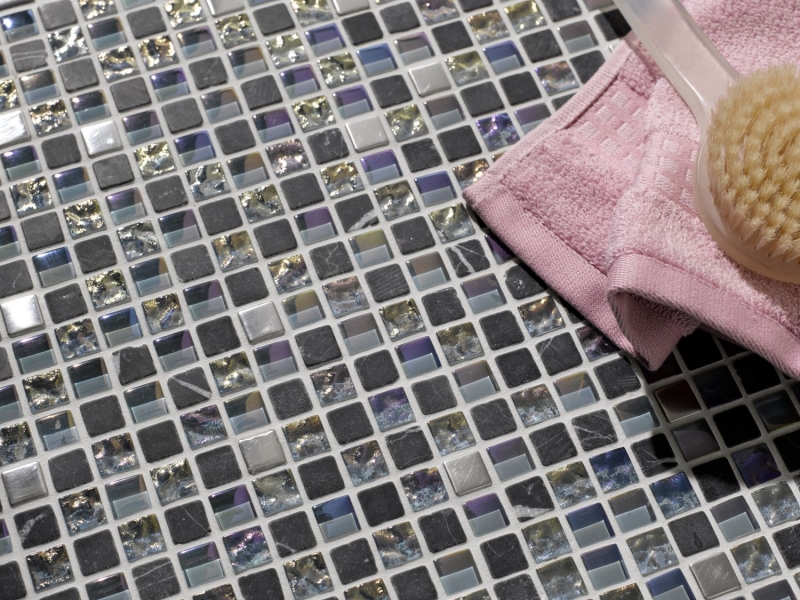 Échantillon manuel Carreau de mosaïque Translucide acier inoxydable gris Mosaïque de verre Crystal pierre acier gris MOS92-0206_m