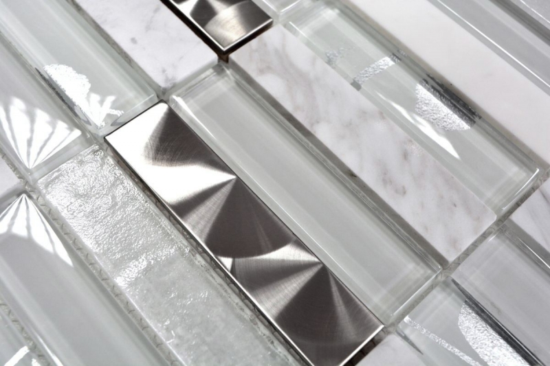 Motif manuel Carreau de mosaïque Translucide acier inoxydable blanc Rectangle Mosaïque de verre Crystal Pierre acier blanc MOS87-11X_m