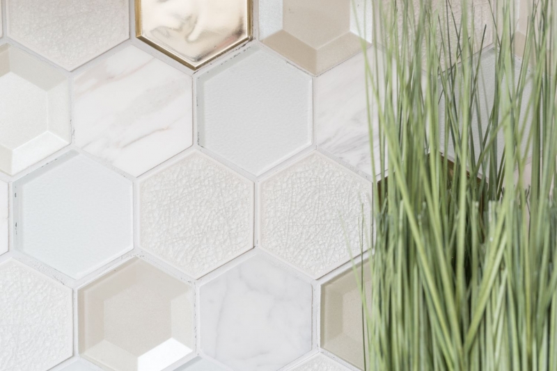 Motif manuel Carreau de mosaïque Translucide blanc Hexagone Mosaïque de verre Crystal Pierre 3D blanc MOS11E-66_m