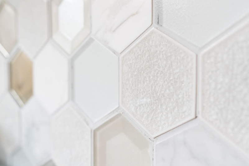 Motif manuel Carreau de mosaïque Translucide blanc Hexagone Mosaïque de verre Crystal Pierre 3D blanc MOS11E-66_m