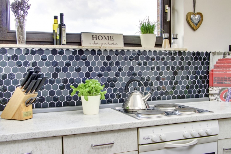 Motif manuel Carreau de mosaïque Translucide noir Hexagon Mosaïque de verre Crystal Pierre 3D noir MOS11D-33_m