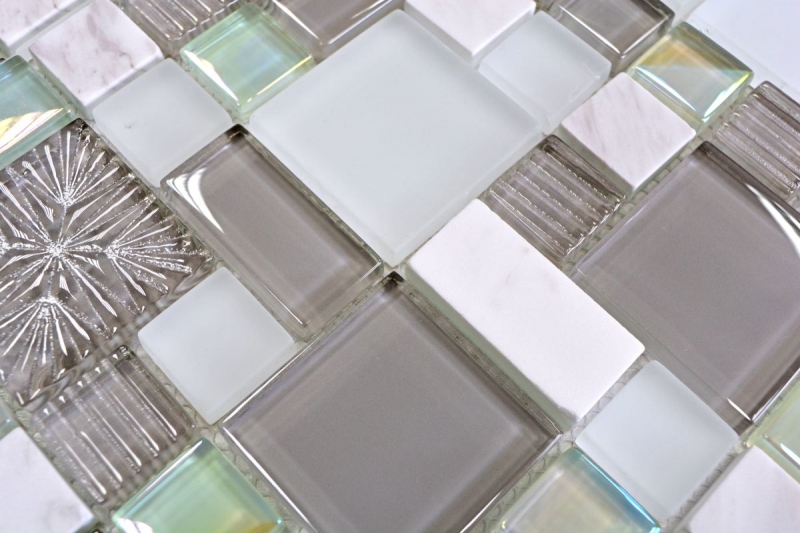 Échantillon manuel Carreau de mosaïque Translucide blanc gris Combinaison de mosaïque de verre Crystal Pierre blanche grise blanche mate MOS88-MC659_m