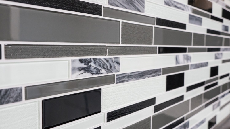 Échantillon manuel Carreau de mosaïque Translucide gris noir composite Mosaïque de verre Crystal pierre claire grise noire MOS67-GV34_m