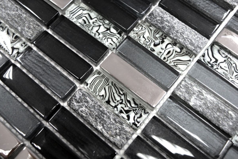 Motif manuel Carreau de mosaïque Translucide argenté gris noir Rectangle Mosaïque de verre Crystal Pierre noire MOS87-SM88_m