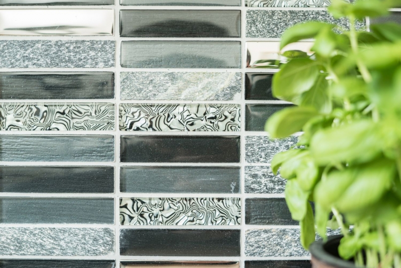 Motif manuel Carreau de mosaïque Translucide argenté gris noir Rectangle Mosaïque de verre Crystal Pierre noire MOS87-88X_m