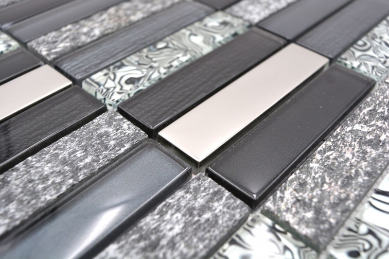Motif manuel Carreau de mosaïque Translucide argenté gris noir Rectangle Mosaïque de verre Crystal Pierre noire MOS87-88X_m