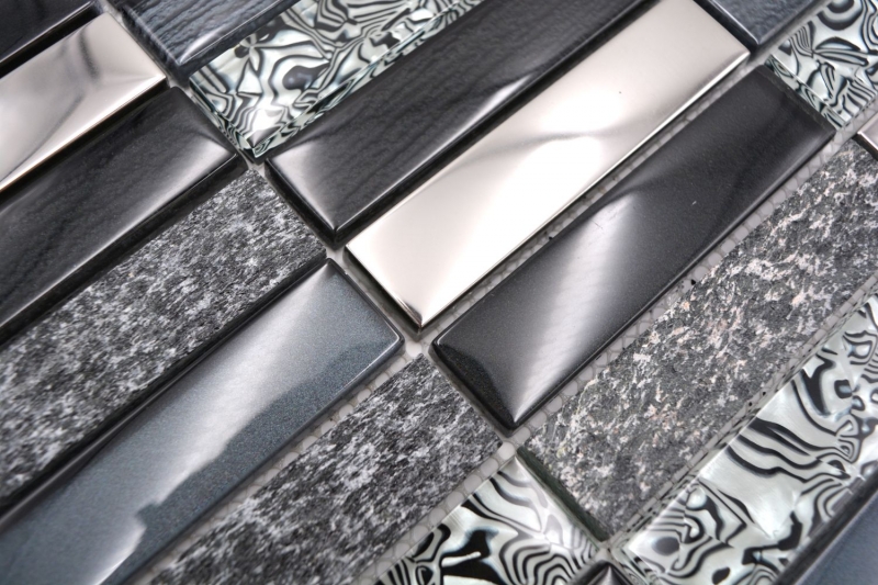 Motif manuel Carreau de mosaïque Translucide argenté gris noir Rectangle Mosaïque de verre Crystal Pierre noire MOS87-88X_m