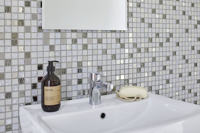 Motif manuel Carreau de mosaïque autocollant Translucide inox blanc Mosaïque de verre Crystal acier blanc verre MOS200-4CM24_m