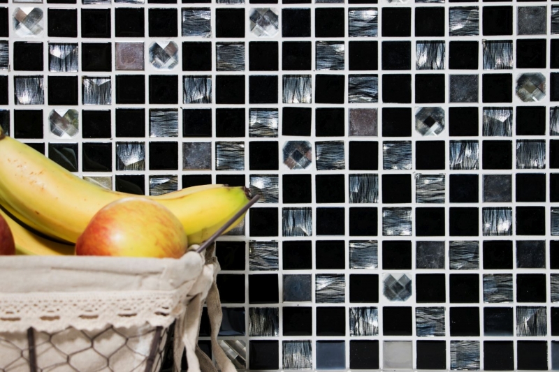 Motif manuel carreau de mosaïque autocollant translucide acier inoxydable noir mosaïque de verre Crystal acier noir verre MOS200-4CM26_m