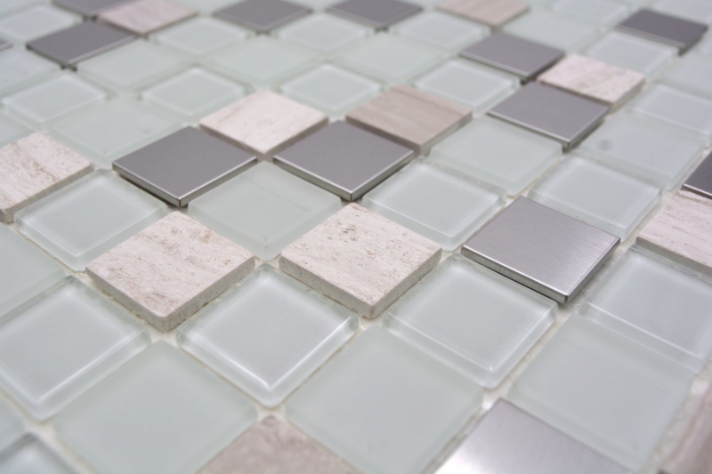 échantillon manuel carreau de mosaïque autocollant pierre translucide acier inoxydable blanc mosaïque de verre Crystal pierre acier blanc verre MOS200-4CM32_m