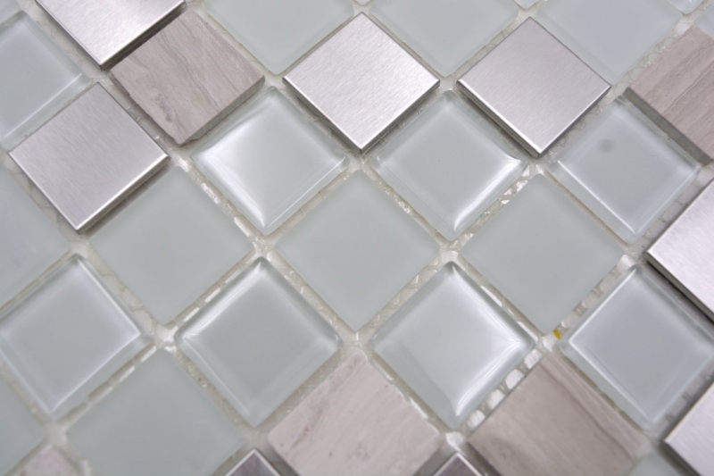 échantillon manuel carreau de mosaïque autocollant pierre translucide acier inoxydable blanc mosaïque de verre Crystal pierre acier blanc verre MOS200-4CM32_m
