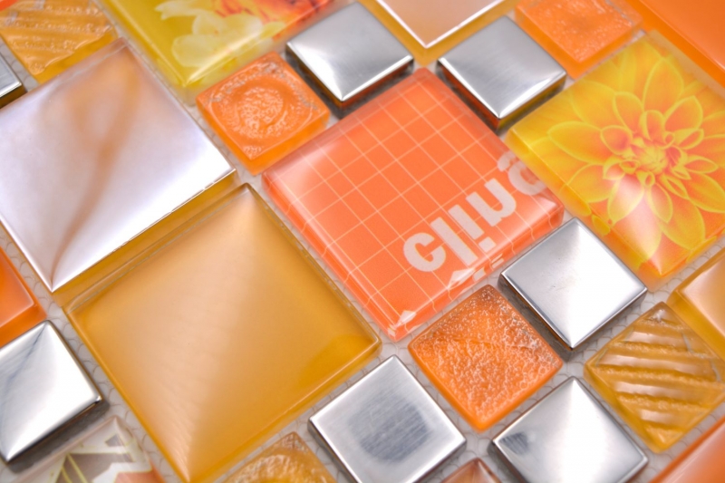 Motif à main Mosaïque transparente Crystal Mosaïque de verre argentée orange mur carrelage cuisine douche salle de bain MOS88-0817_m