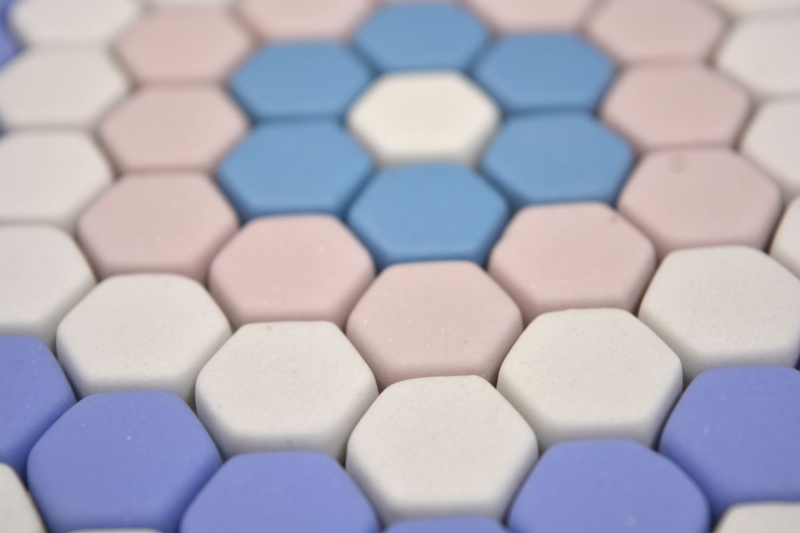 Échantillon manuel GLAS Mosaïque Hexagon Roma bleu rose blanc mat Carreau de mosaïque murale Miroir de carrelage cuisine salle de bain MOS140-ROHX9_m