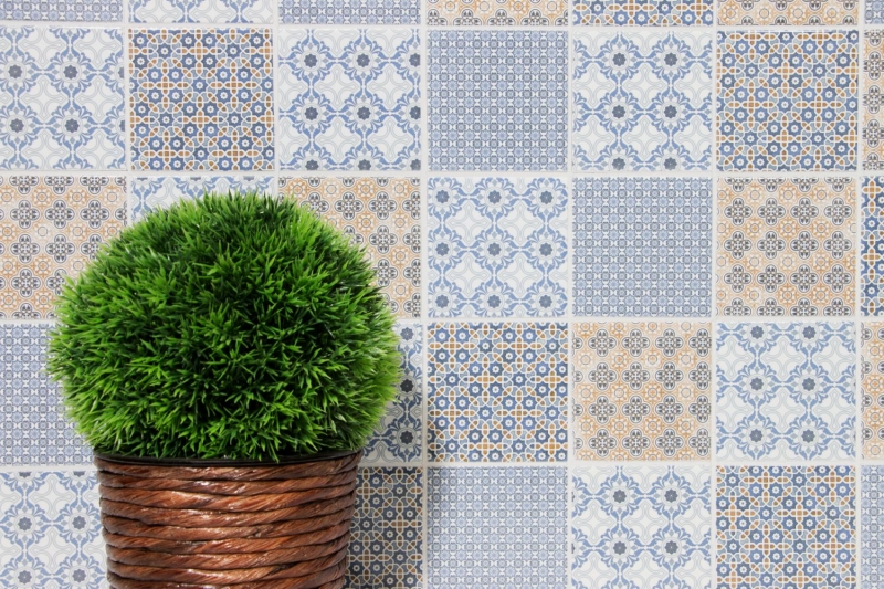 Mosaïque rétro vintage dosseret de cuisine blanc bleu orange gris MOS22B-1404_f | 10 tapis de mosaïque