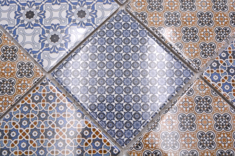 Mosaïque rétro vintage dosseret de cuisine blanc bleu orange gris MOS22B-1404_f | 10 tapis de mosaïque