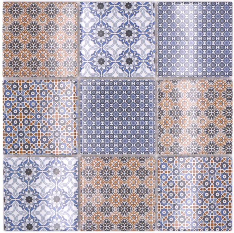 Mosaïque rétro vintage dosseret de cuisine blanc bleu orange gris MOS22B-1404_f | 10 tapis de mosaïque