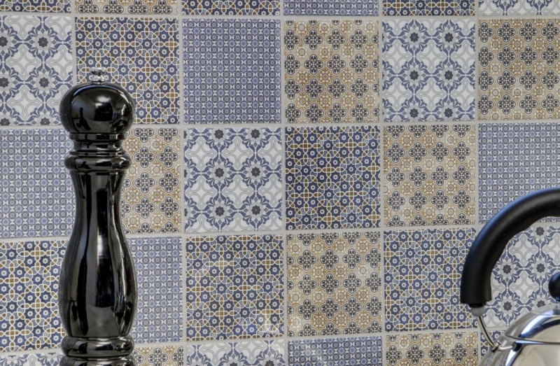 Mosaïque rétro vintage dosseret de cuisine blanc bleu orange gris MOS22B-1404_f | 10 tapis de mosaïque