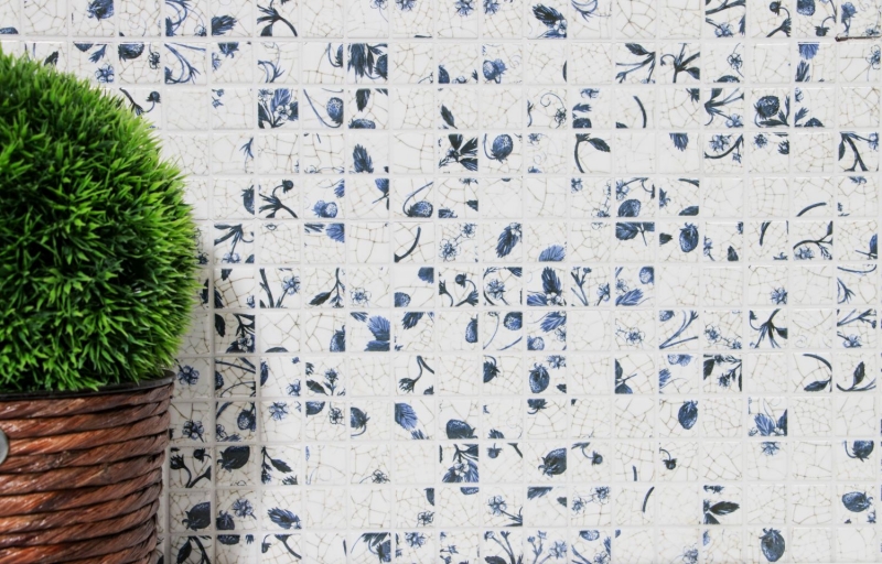 Carreaux de mosaïque Rétro Vintage Céramique blanc fleur bleue Fond de cuisine MOS18D-1404_f | 10 Tapis de mosaïque