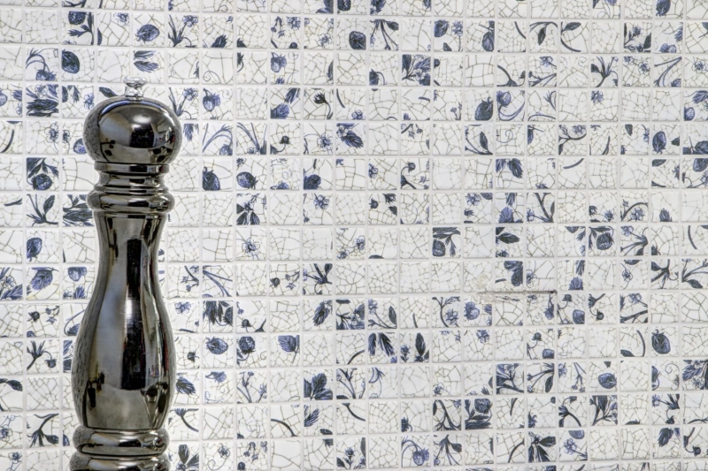 Carreaux de mosaïque Rétro Vintage Céramique blanc fleur bleue Fond de cuisine MOS18D-1404_f | 10 Tapis de mosaïque