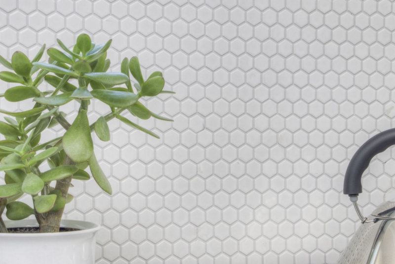 Carreaux de mosaïque Céramique Hexagone blanc brillant Carreaux de cuisine MOS11A-0102_f | 10 Tapis de mosaïque