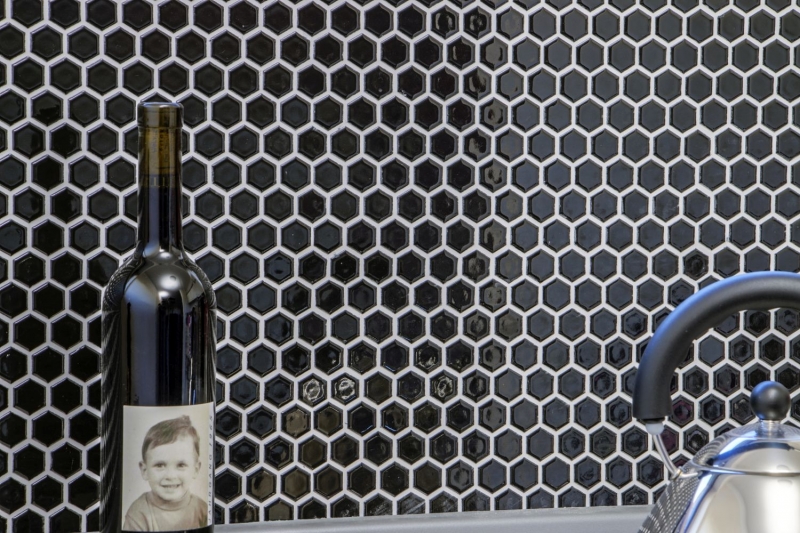 Carreaux de mosaïque Céramique Hexagone noir brillant Carreaux de salle de bain MOS11A-0302_f | 10 Tapis de mosaïque