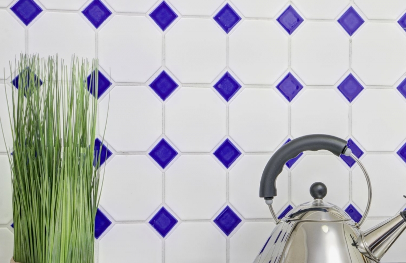 Carreaux de mosaïque Céramique Octagonal blanc mat bleu cobalt brillant Mosaïque murale fond de cuisine MOSOcta-180_f | 10 Tapis de mosaïque