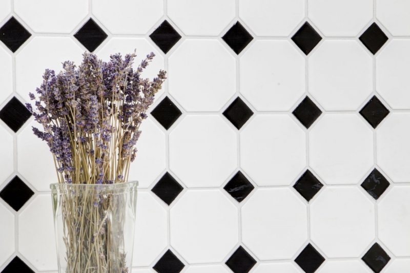 Carreaux de mosaïque Céramique Octagonal blanc mat noir brillant MOSOcta-190_f | 10 Tapis de mosaïque