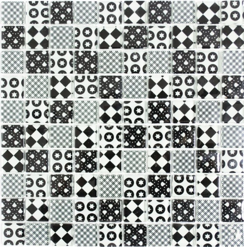 Retro Vintage Carreau de mosaïque blanc translucide Mosaïque de verre Crystal optique noir MOS88-8OP5_f | 10 Tapis de mosaïque