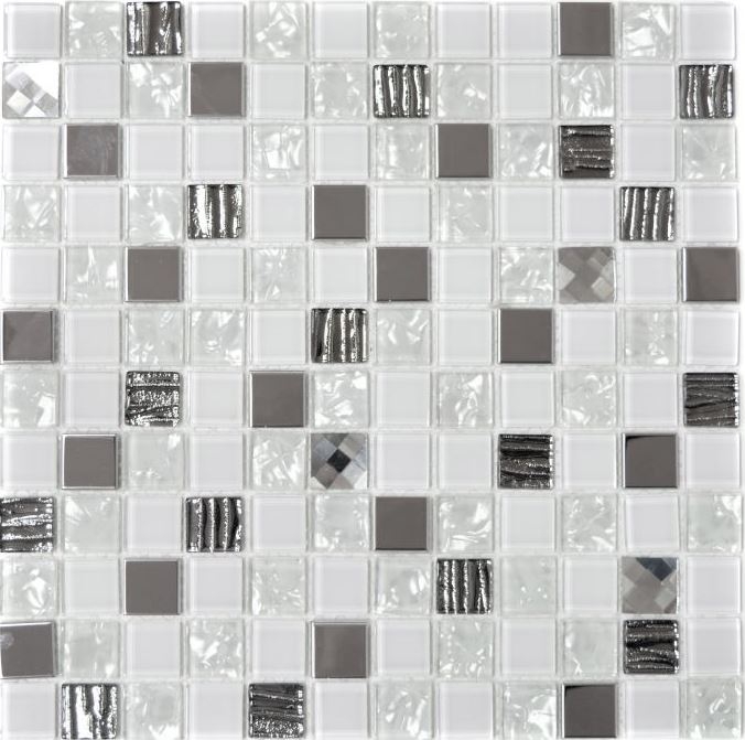Carreau de mosaïque Translucide acier inoxydable blanc Mosaïque de verre Crystal acier blanc verre MOS63-CM-424_f | 10 Tapis de mosaïque